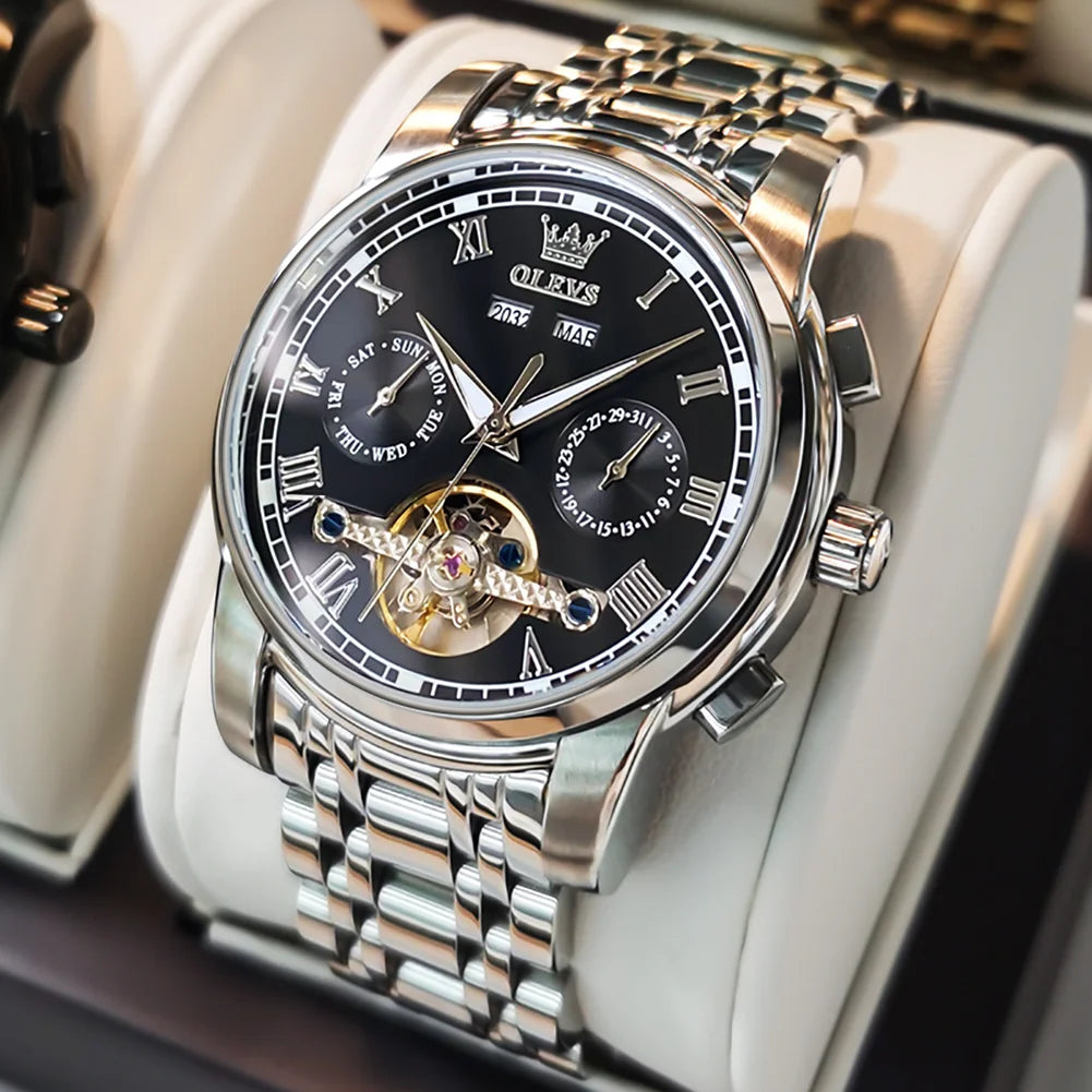 OLEVS 6607 Automatic Mechanical Watch — Business Skeleton Design with Stainless Steel Strap