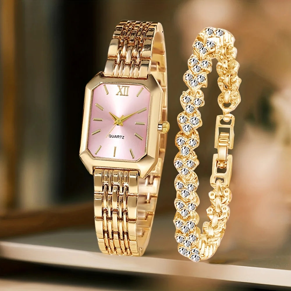 Women's Quartz Watch and Rhinestone Bracelet Set — Elegant Roman Dial Jewelry Kit