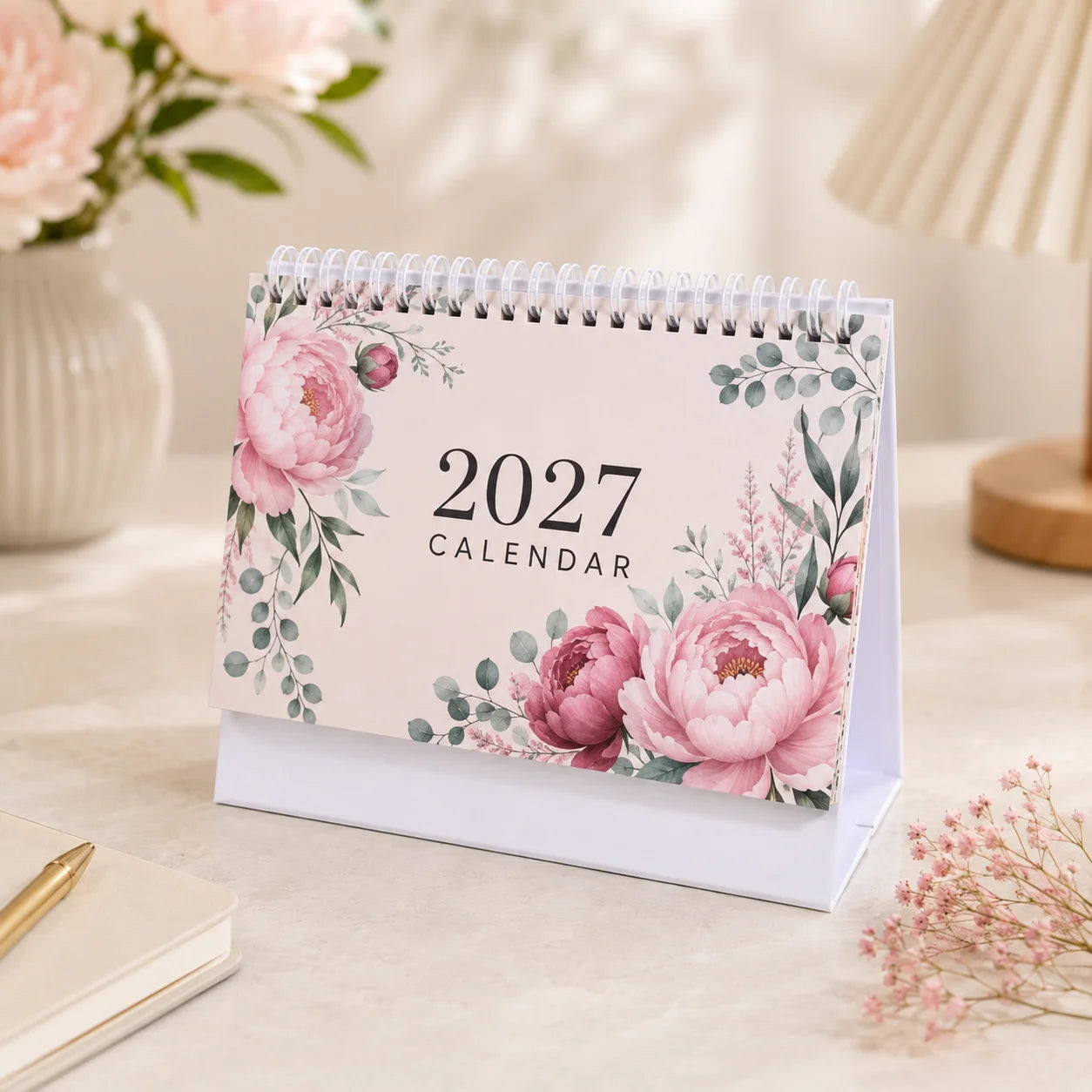2027 Desk Planner Calendar — Spiral Bound Monthly Organizer, Floral Design