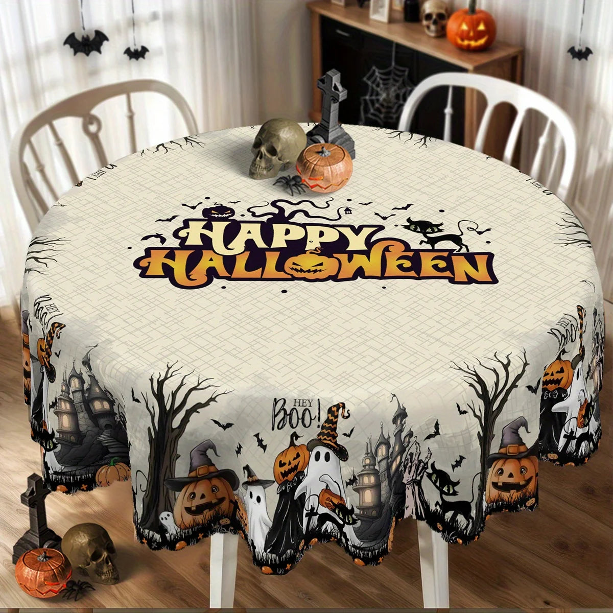 Spooky Halloween Ghost and Black Cat Tablecloth — Waterproof Reusable Decor
