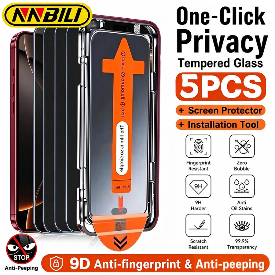 NNBILI Anti-Peeping Screen Protector — Privacy Tempered Glass with Installation Tray