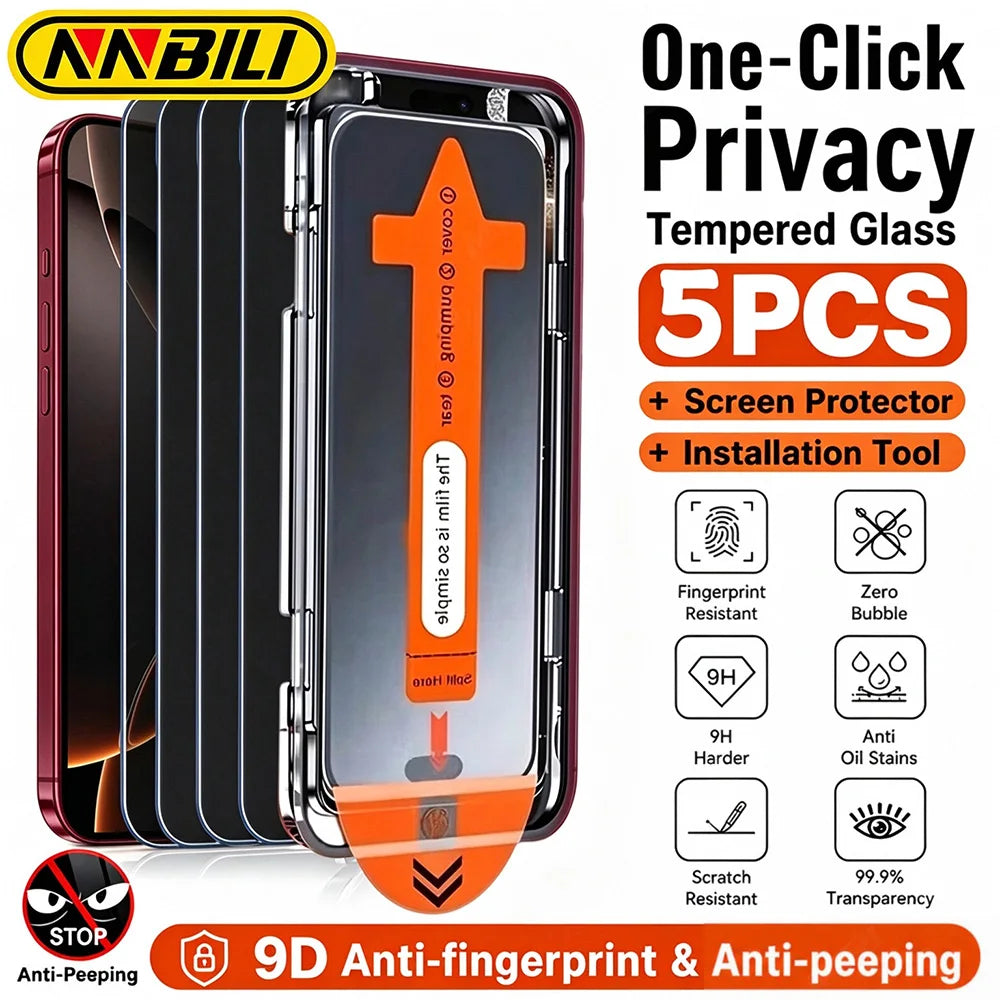 NNBILI Anti-Peeping Screen Protector — Privacy Tempered Glass with Installation Tray