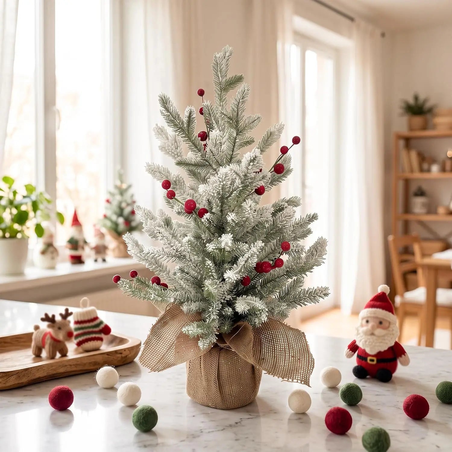 Garvee 24-Inch Flocked Christmas Tree — Red Berry & PE Pine Desktop Decor