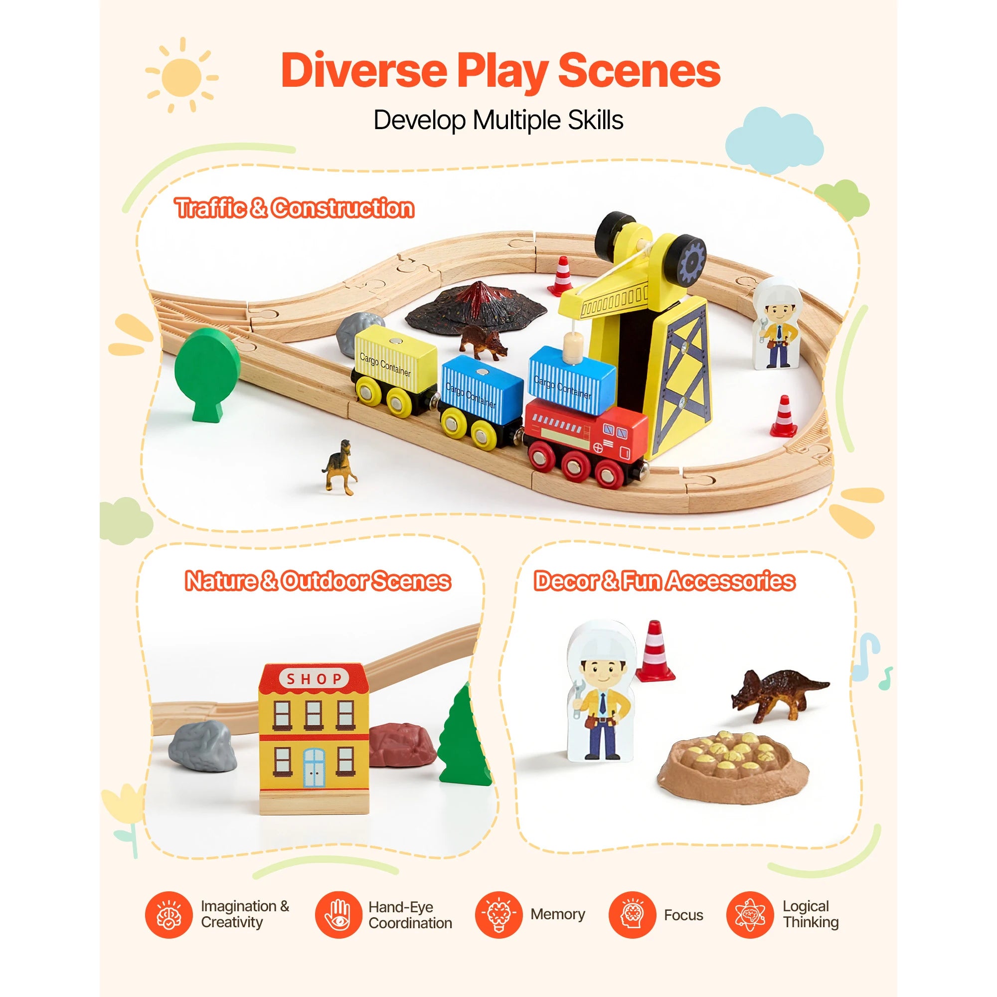 SucceBuy 70PCS Wooden Train Set — Magnetic Crane & Construction Railway Kit