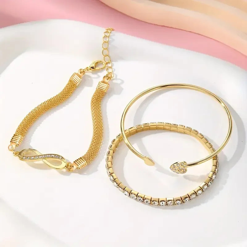 Vintage Crystal Rhinestone Heart Bracelet Set — Adjustable Geometric Bangle Jewelry