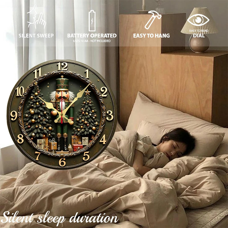 Nutcracker Wooden Wall Clock — Silent Round Holiday Decor