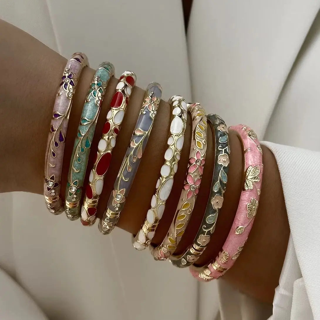 Boho Ethnic Cloisonne Enamel Flower Bracelets — Multicolor Floral Stacking Bangles