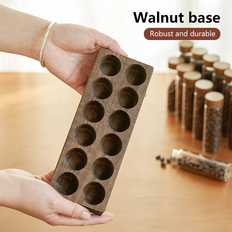 ALIKISSCAFE Coffee Bean Storage Container — Walnut Display Rack & Glass Tubes