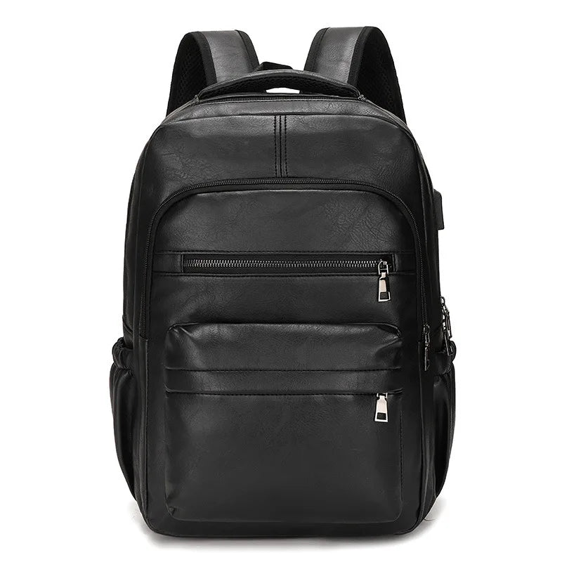 Men's PU Leather Laptop Backpack — Large Capacity Schoolbag with USB Charging