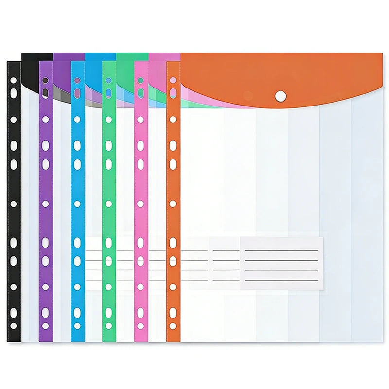 BUNKI A4 Plastic Envelopes — 11-Hole Expanding File Folders with Snap Buttons