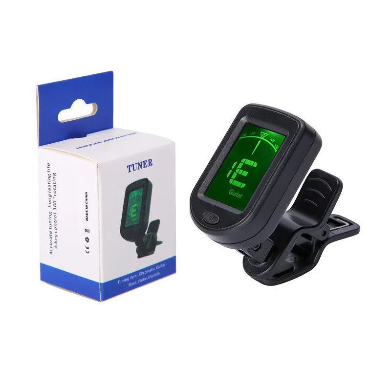 Clip-On Electronic Instrument Tuner — Digital LCD Display for Guitar and Bass