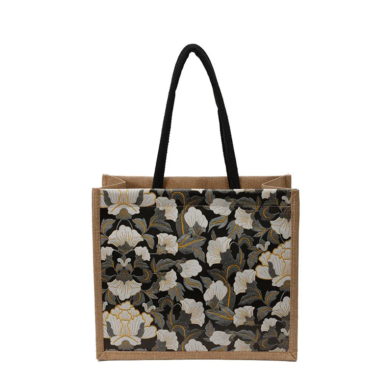 Floral Linen Tote Bag — Versatile Shoulder Handbag for Daily Use