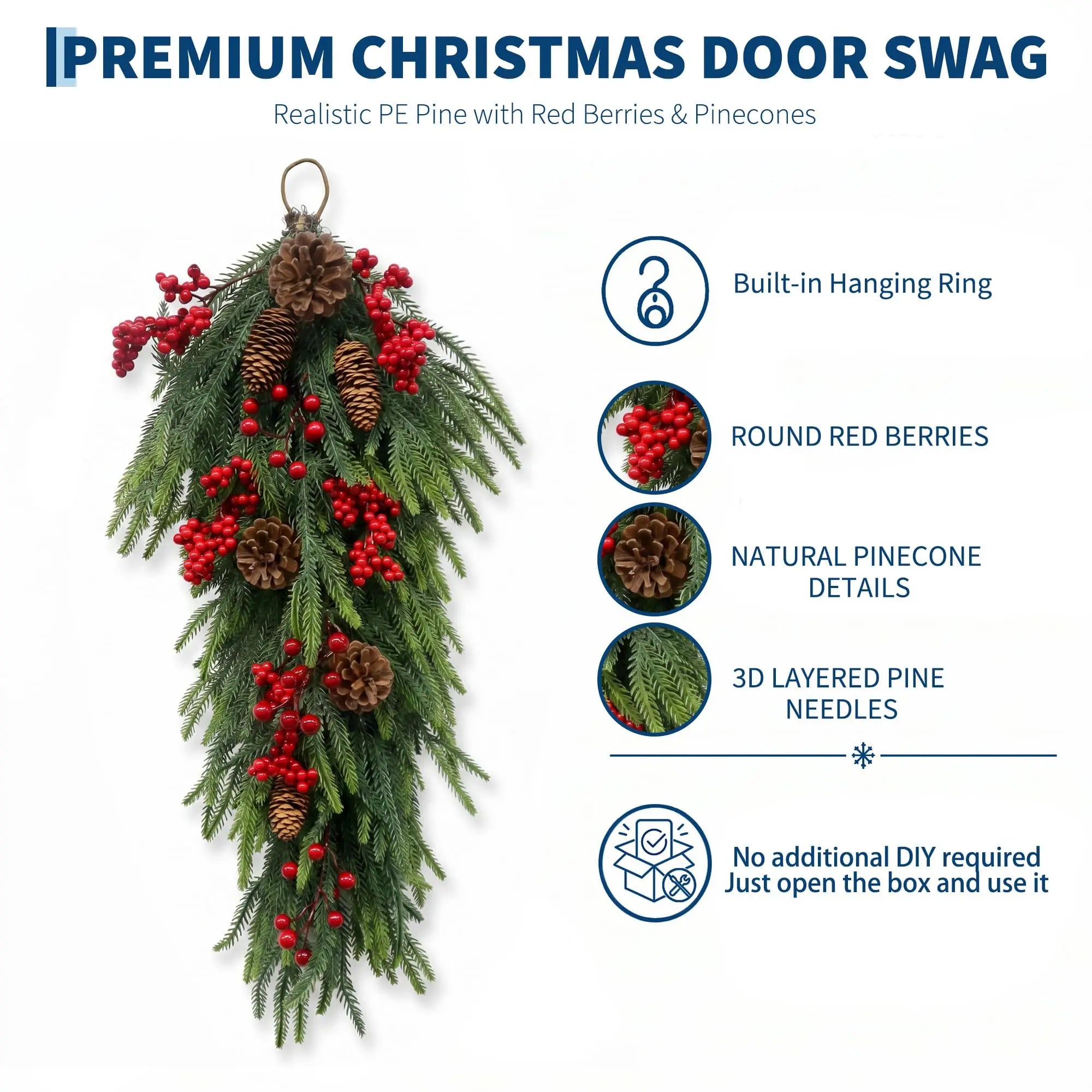 HiMISS Pre-Lit Christmas Teardrop Swag — LED Pine & Berry Door Decor