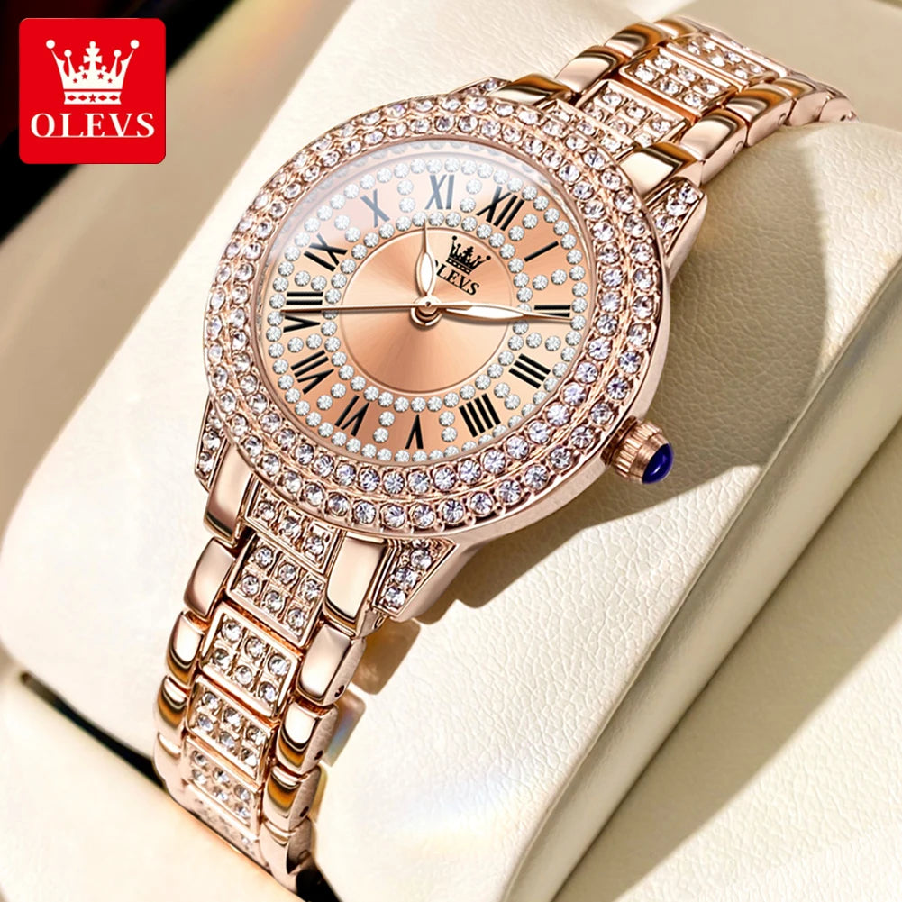 OLEVS Women's Luxury Quartz Watch — Roman Dial with Diamond Accents