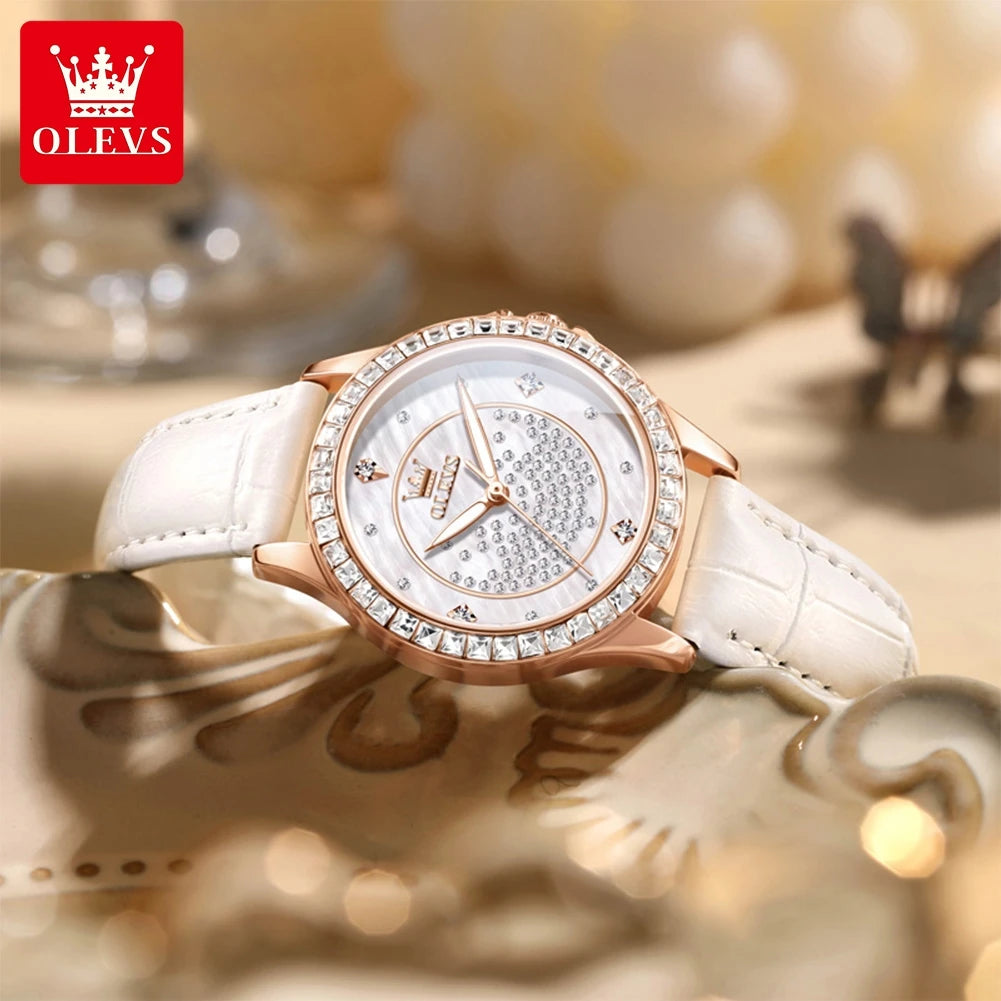 OLEVS Women's Luxury Quartz Watch — Diamond Accents & Leather Strap