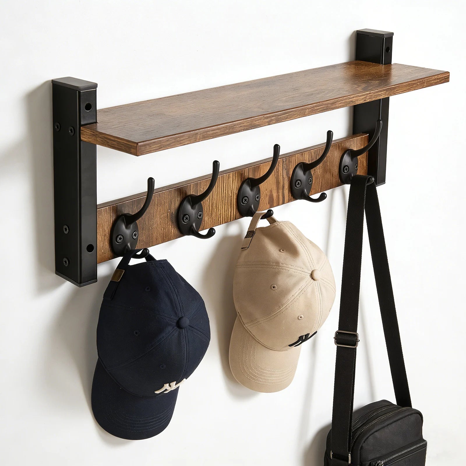 Rustic Wood Wall Shelf Key Holder — Floating Organizer with 5 Hooks