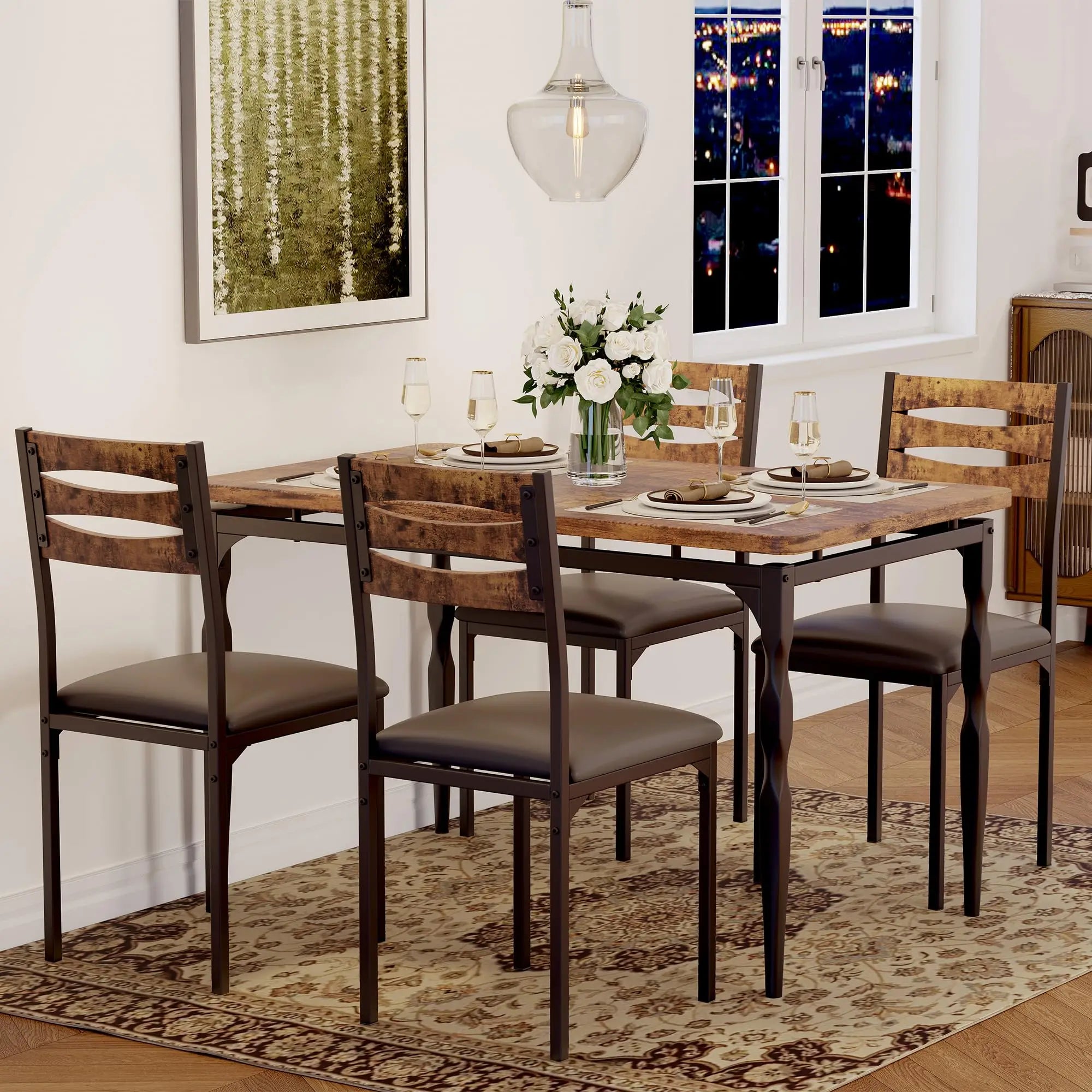 5 Piece Industrial Dining Table Set — Compact Kitchen Table & 4 Chairs