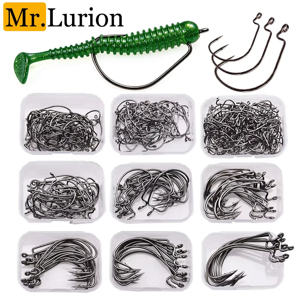 MrLurion Wide Gap Offset Fishing Hooks — High Carbon Steel Barbed Lures