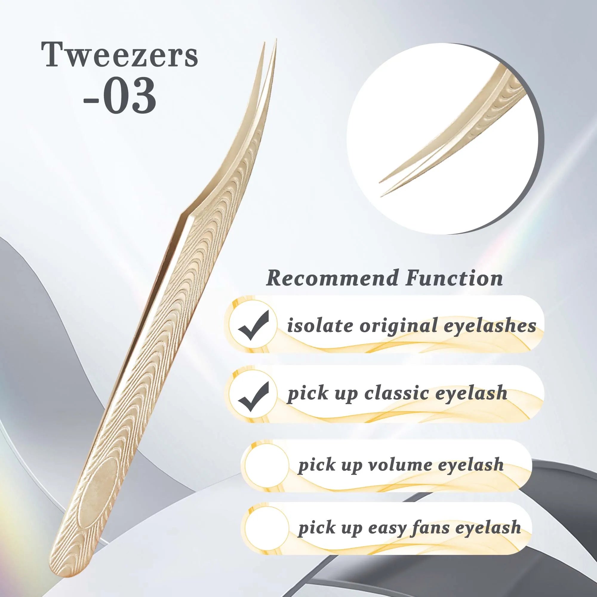 Gold Stainless Steel Eyelash Extension Tweezers — Anti-Slip Wood Grain Design