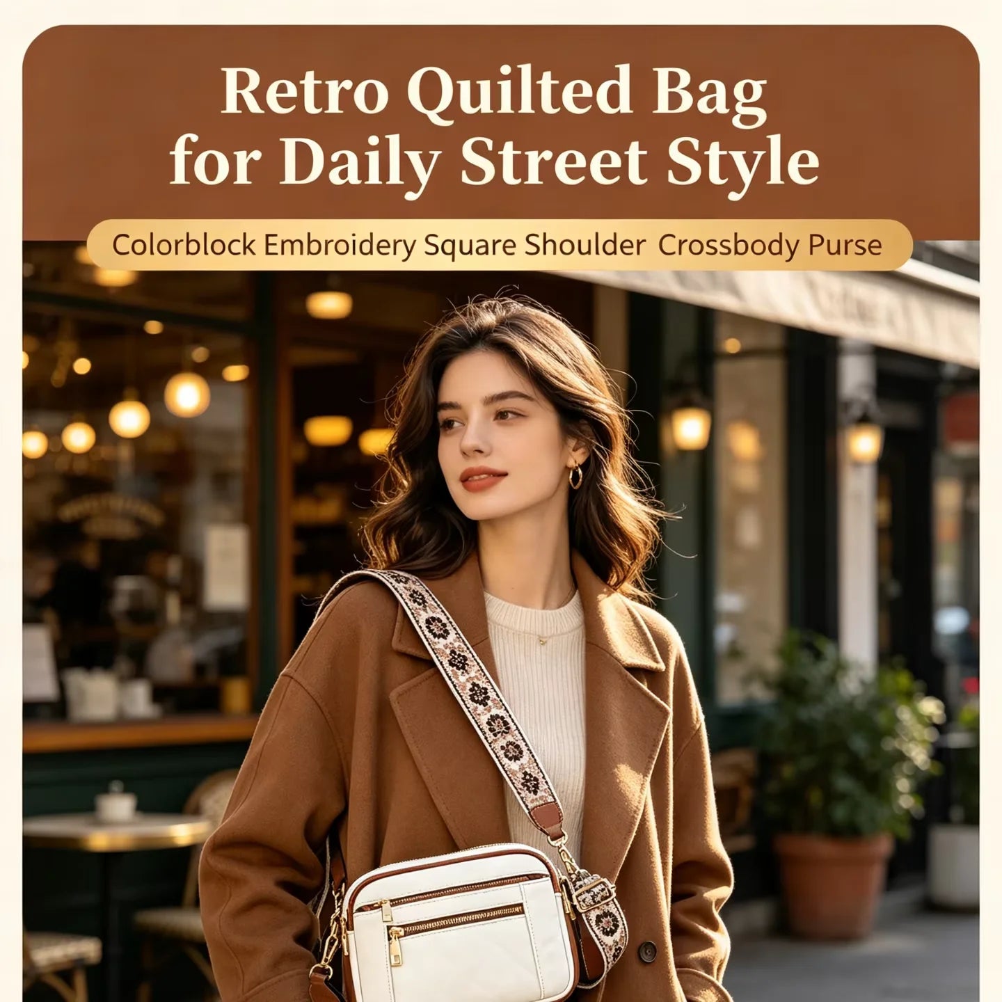 Retro Color-Block Square Handbag — Quilted Embroidery Crossbody Purse