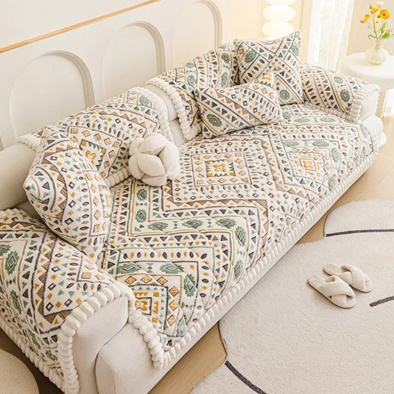 Geometric Snowflake Velour Sofa Cover — Anti-Slip Plush Seat Protector