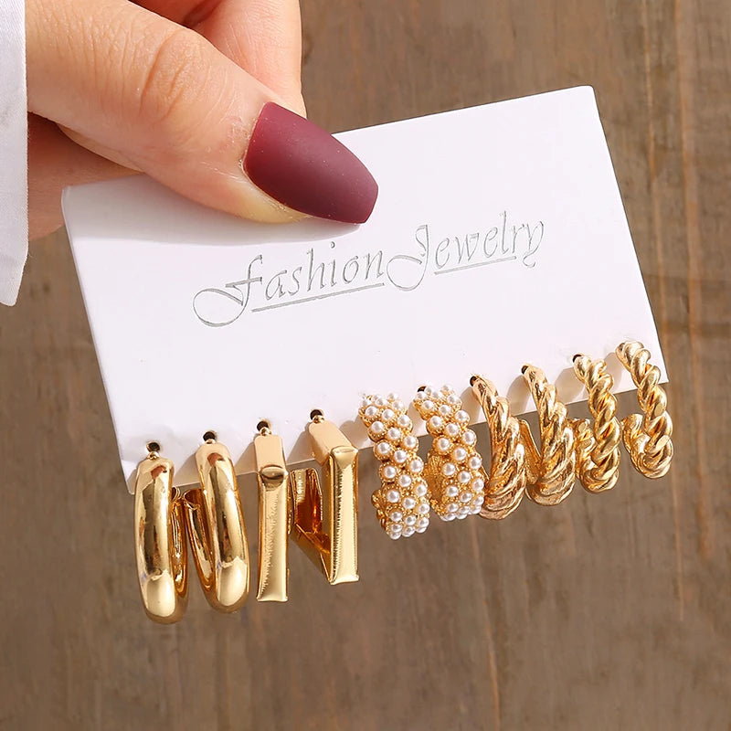 Vintage Geometric Pearl Earrings Set — Gold Tone Dangle & Stud Jewelry