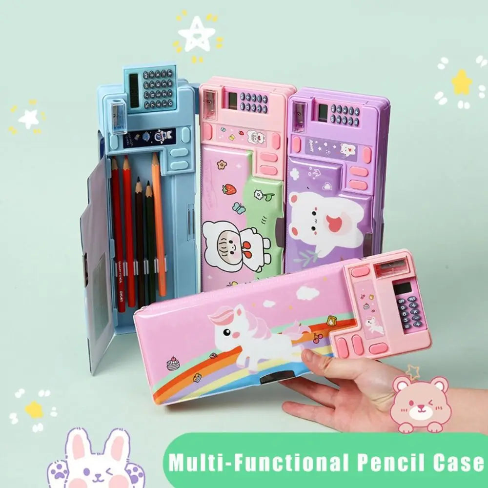 Multifunctional Plastic Pencil Case — Built-in Calculator and Sharpener