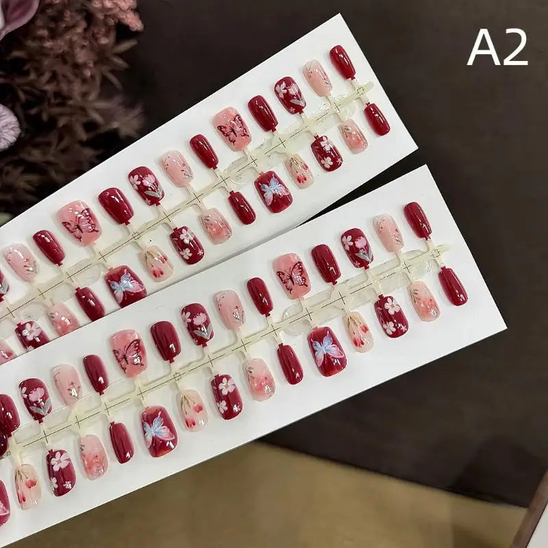 Red French Tip Press On Nails — Floral Design Full Cover Fake Nails
