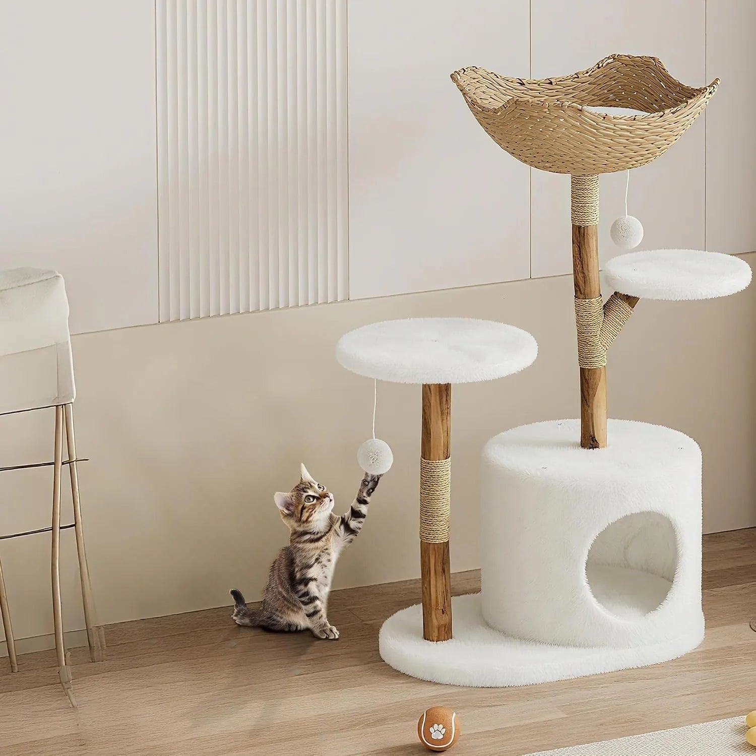 Wooden Cat Tree Tower with Rattan — Multi-Level Climbing Activity Center