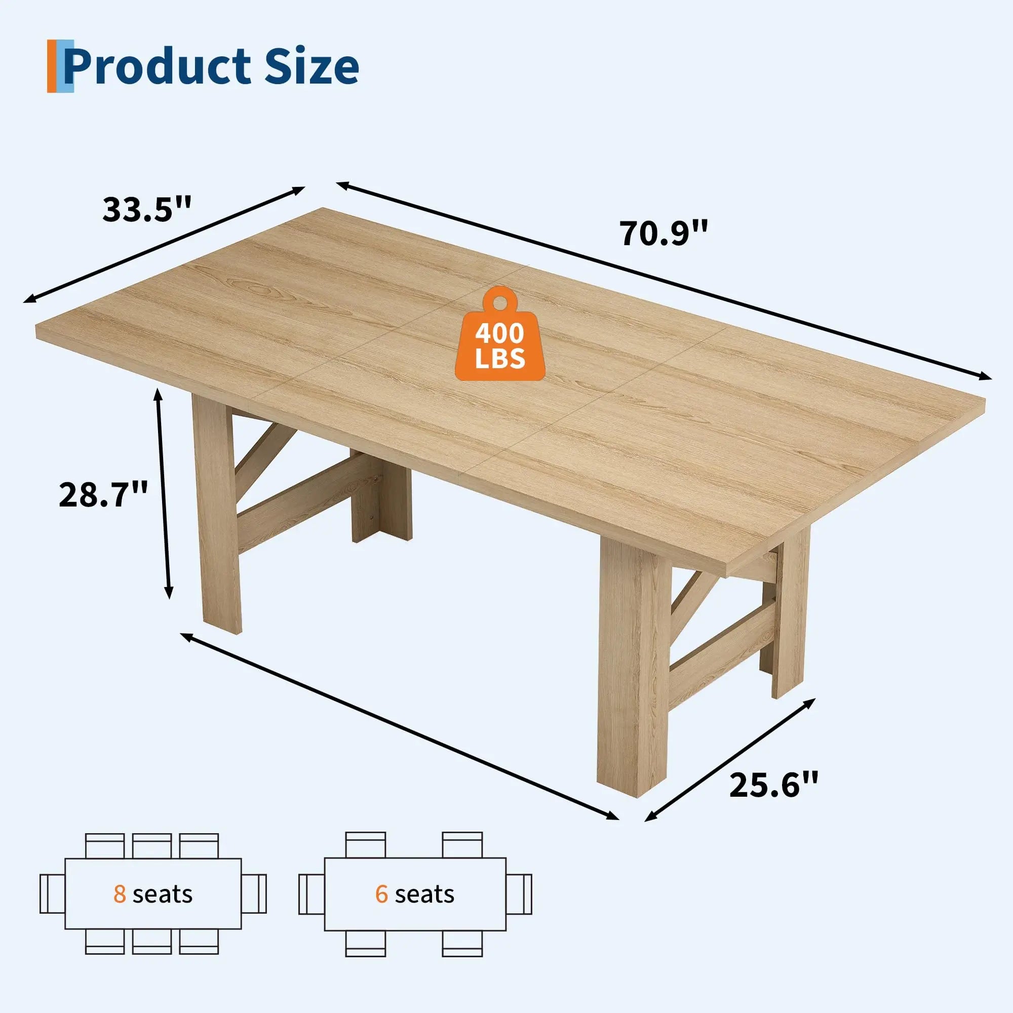 Large Wood Dining Table — Farmhouse Style for 6-8 People