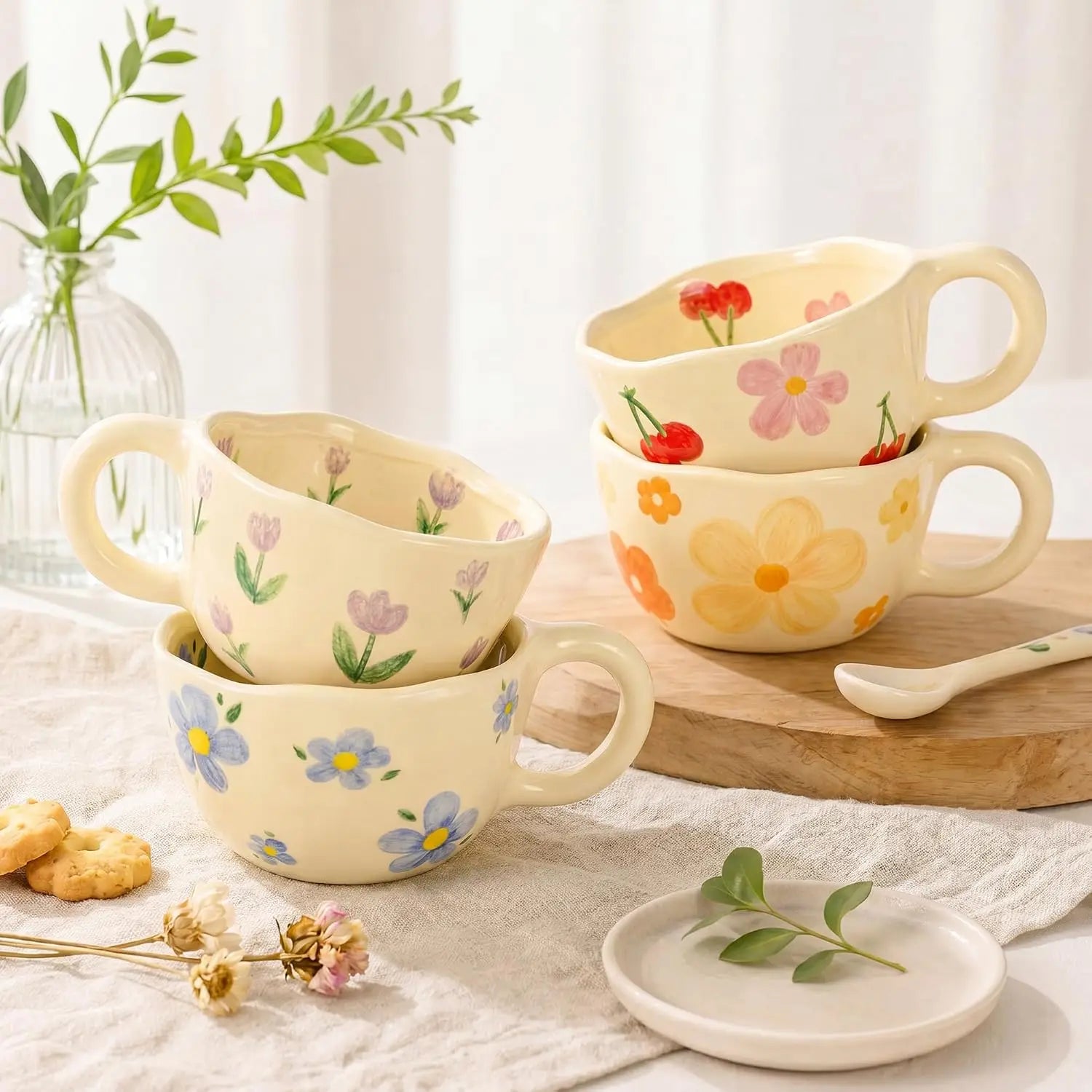 Hand-Painted Floral Ceramic Mugs — Set of 4 Decorative Coffee Cups