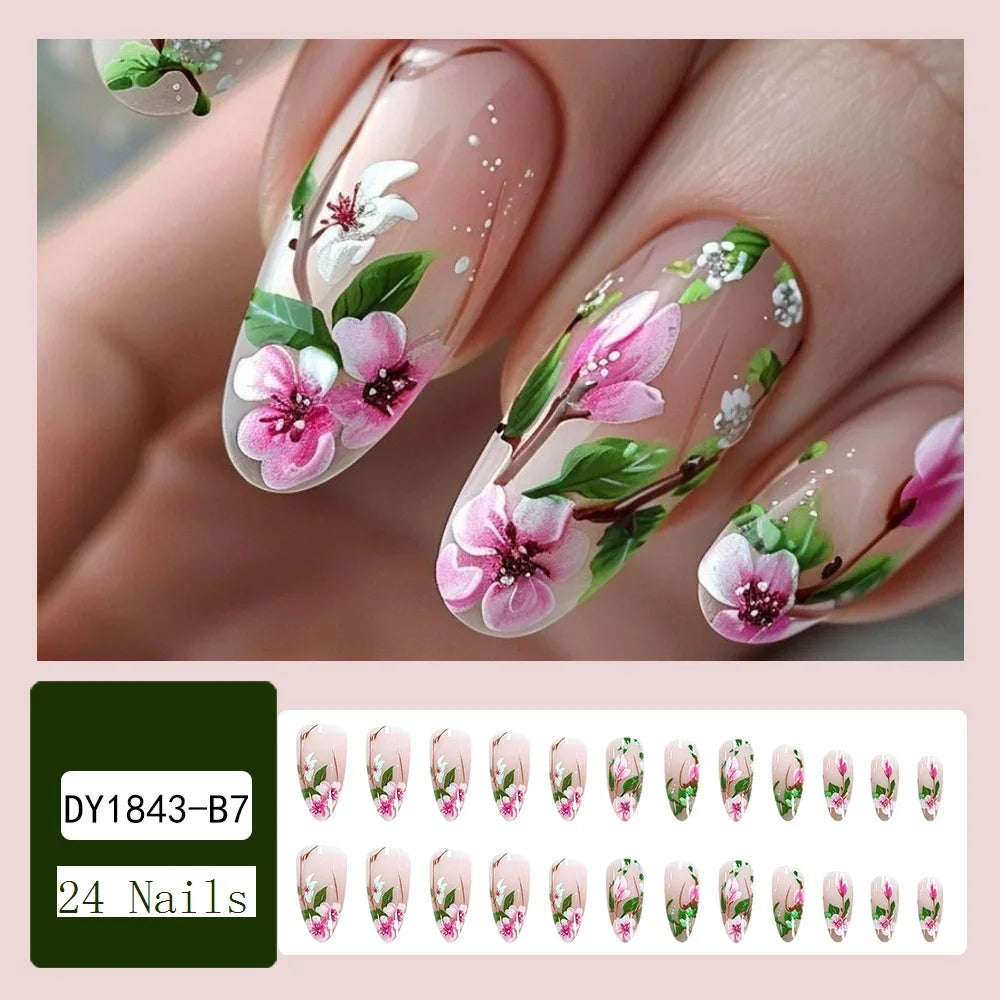 Short Almond Press On Nails — 3D Flower Design Acrylic Set