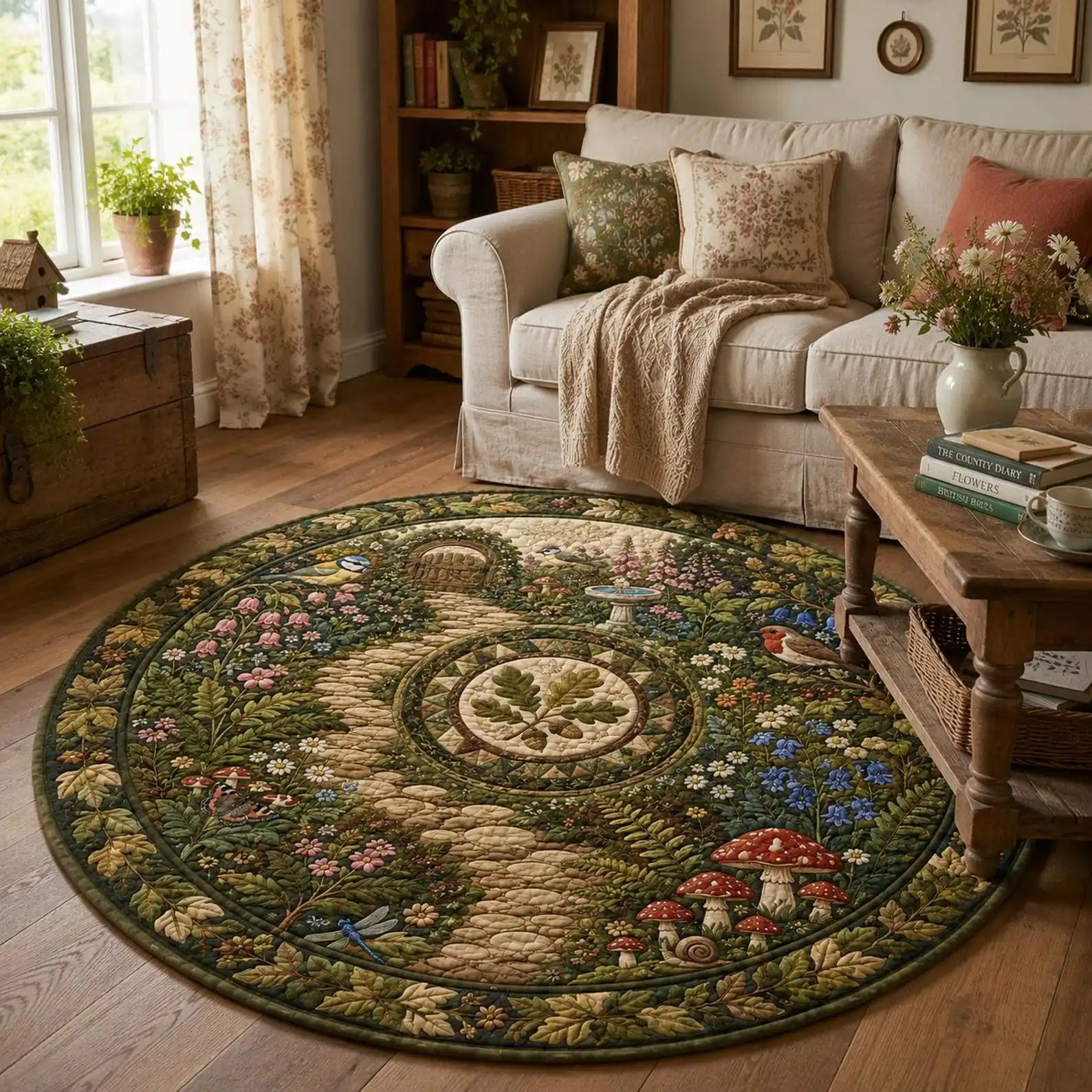 Mushroom and Bird Pattern Round Carpet — Pastoral Style Decorative Area Rug