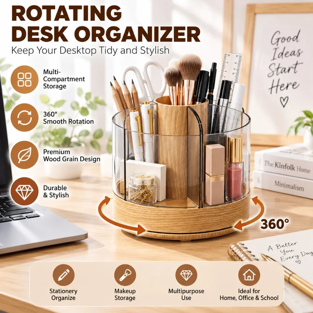 360 Rotating Makeup Organizer — Multi-Compartment Woodgrain Desktop Storage