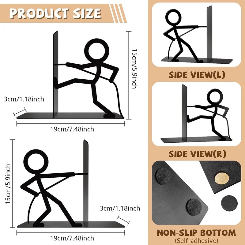 Metal Tug Of War People Bookends — Decorative Shelf Stoppers for Home Office