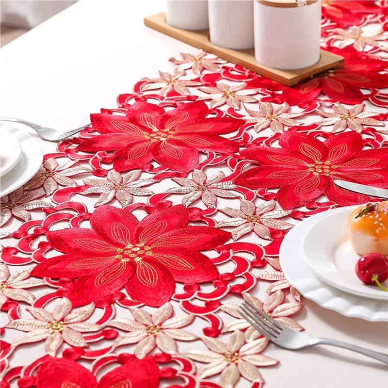 Christmas Floral Tablecloth — Festive Embroidered Table Runner Decor