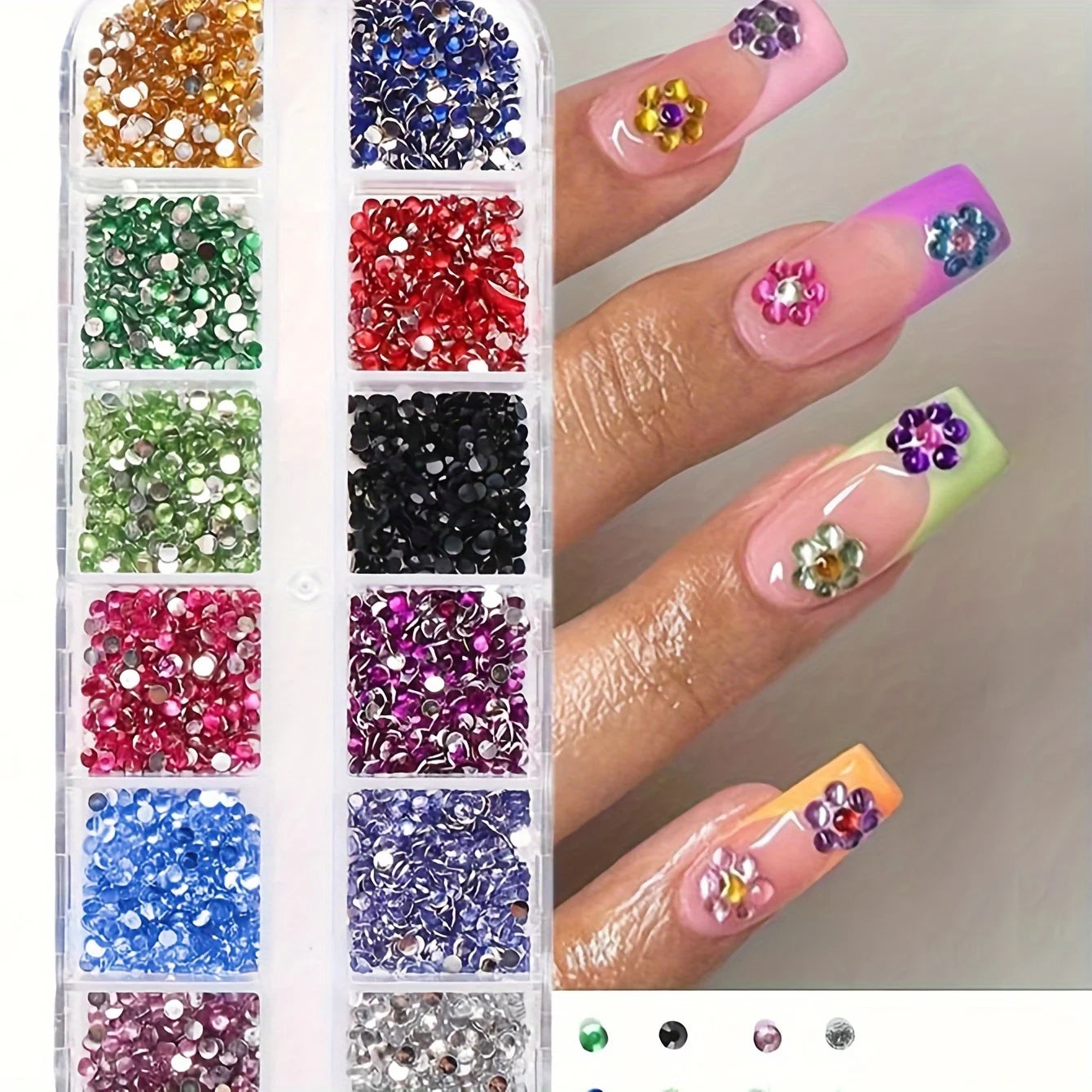 Crystal Rhinestone Nail Art Set — 12 Grid Shimmering Gemstones for Crafts