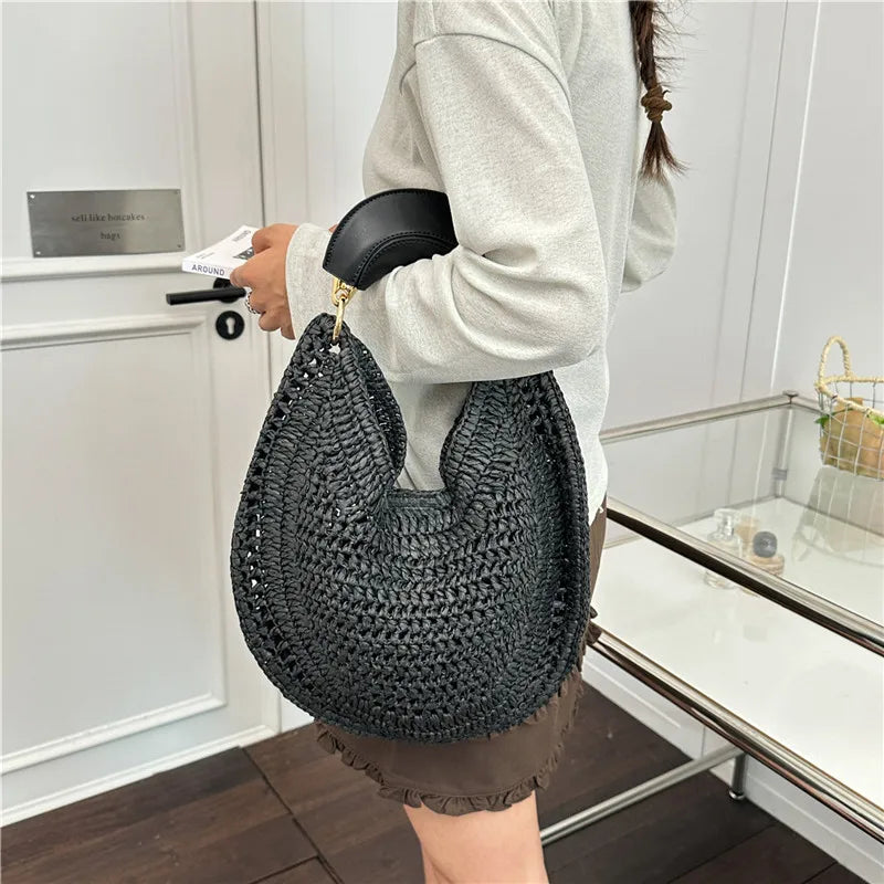 Boho Handwoven Straw Hobo Bag — Elegant Crescent Summer Tote