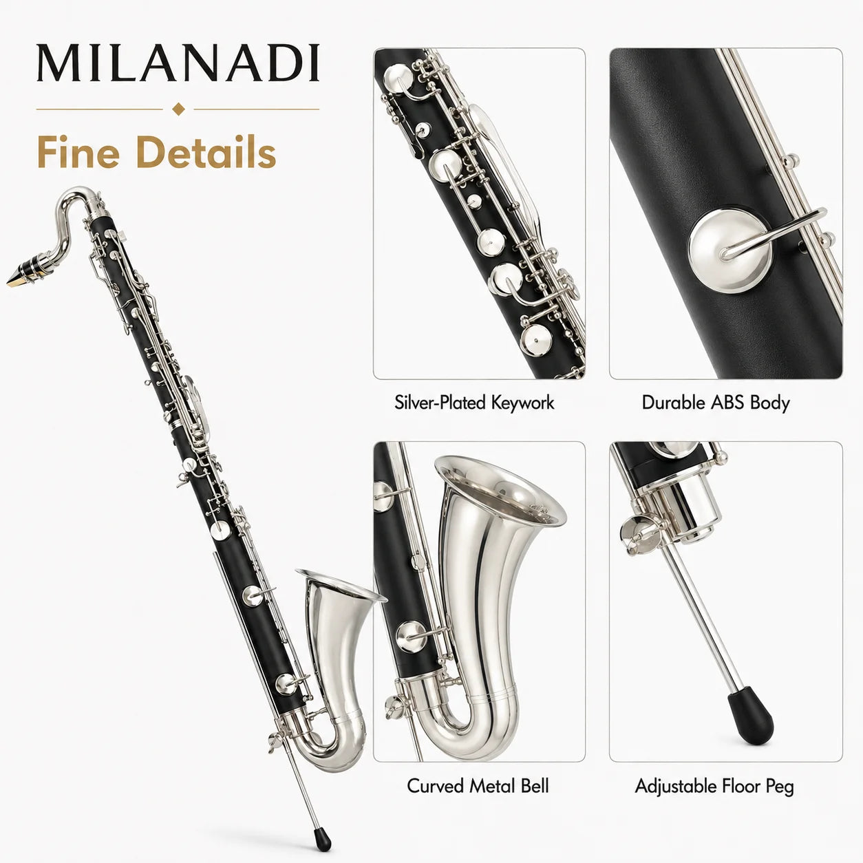 MILANADI M1994 Professional Bass Clarinet — ABS Body with Silver Plated Keys
