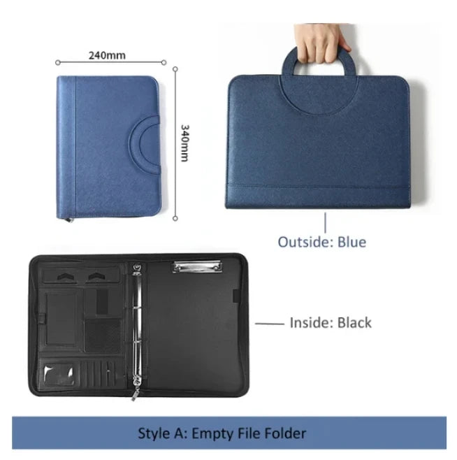 PU Leather A4 Conference File Pad — Professional Zippered Binder & Briefcase