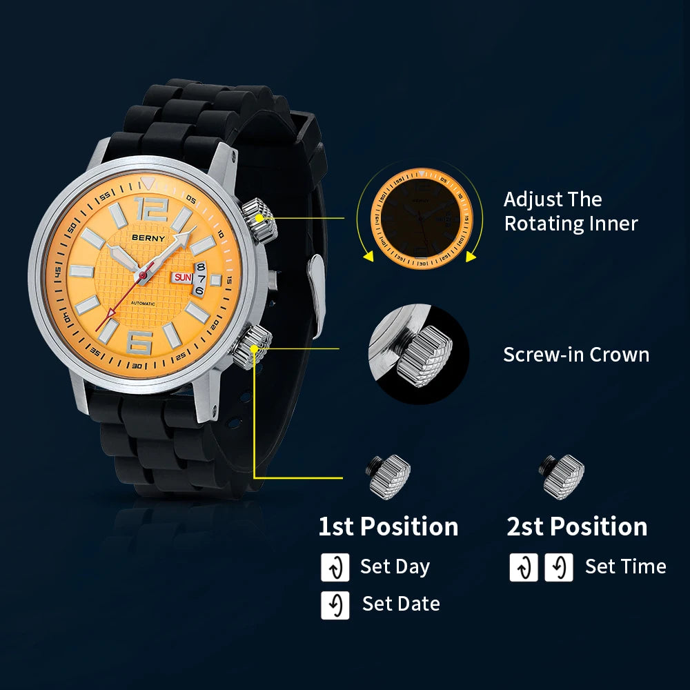 BERNY Automatic Diver Watch — 20ATM Waterproof Mechanical Wristwatch