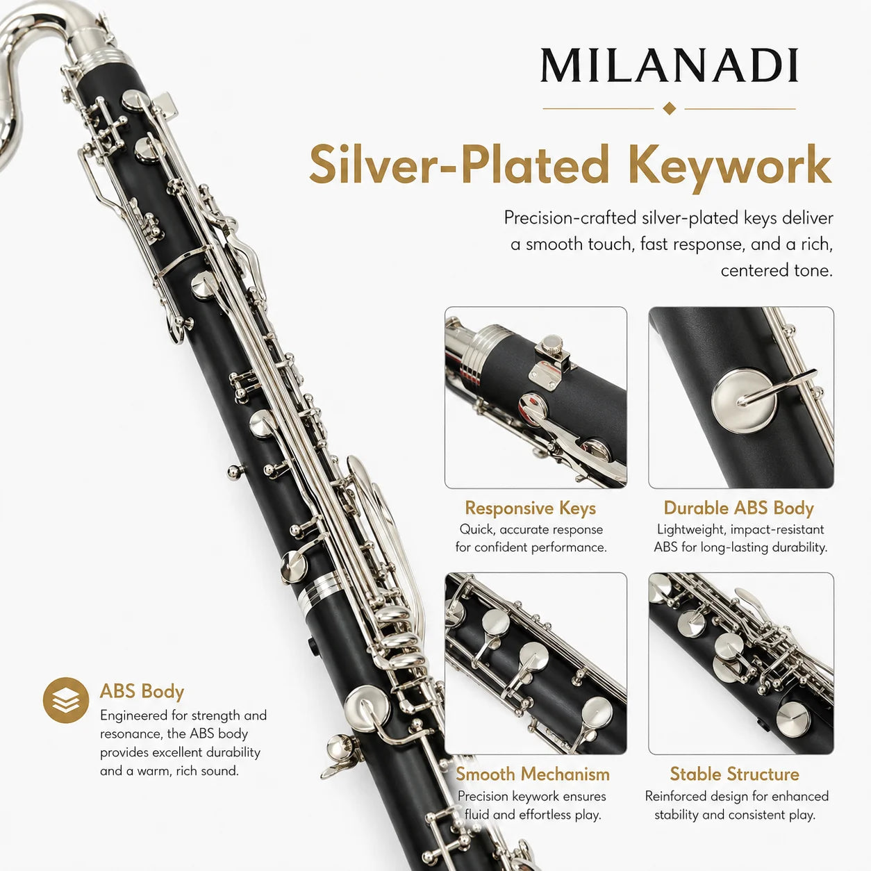 MILANADI M1994 Professional Bass Clarinet — ABS Body with Silver Plated Keys