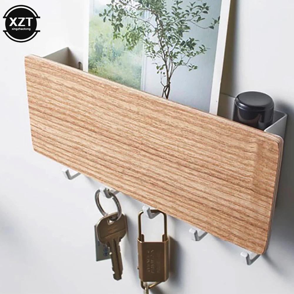 Bamboo Wall Hanging Key Rack — Space-Saving Organizer with 5 Hooks