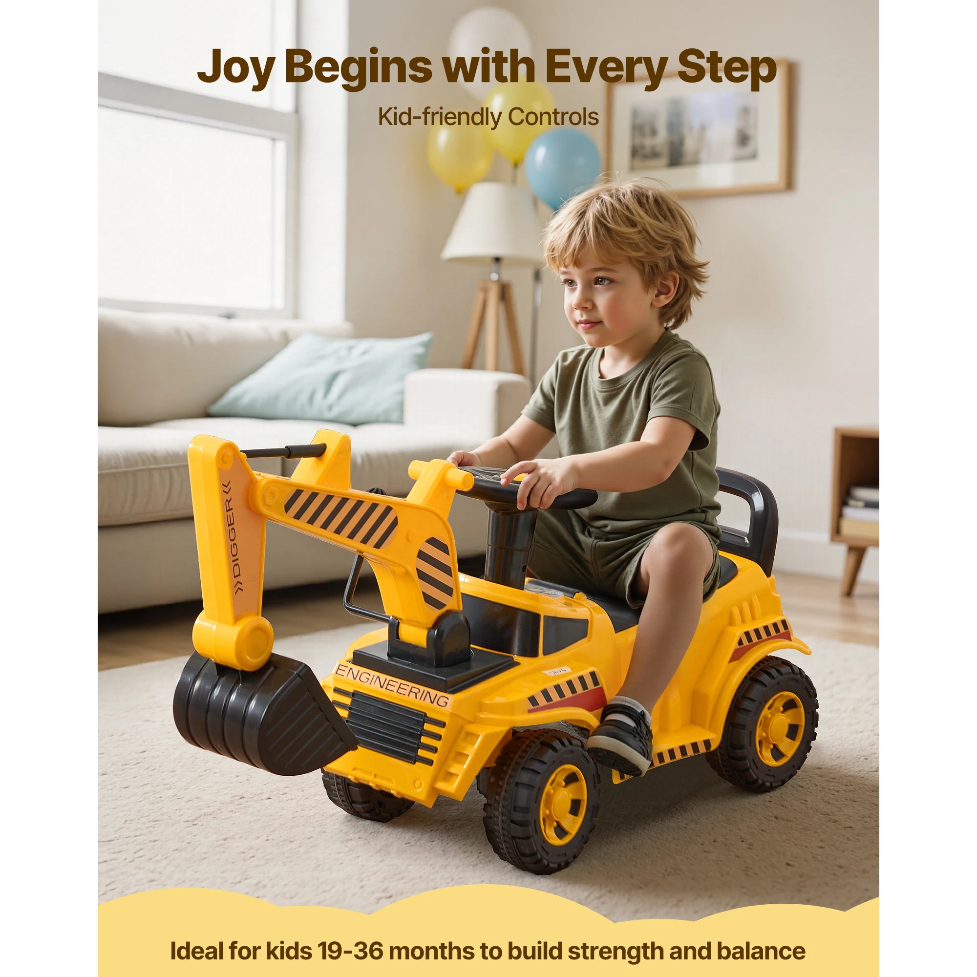 SucceBuy Excavator Ride On Toy — Toddler Digger Car with Music & Helmet