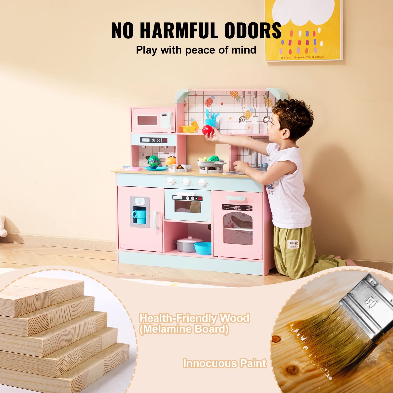 SucceBuy Wooden Kids Kitchen Playset — Chef Roleplay Toy with Lights & Sounds