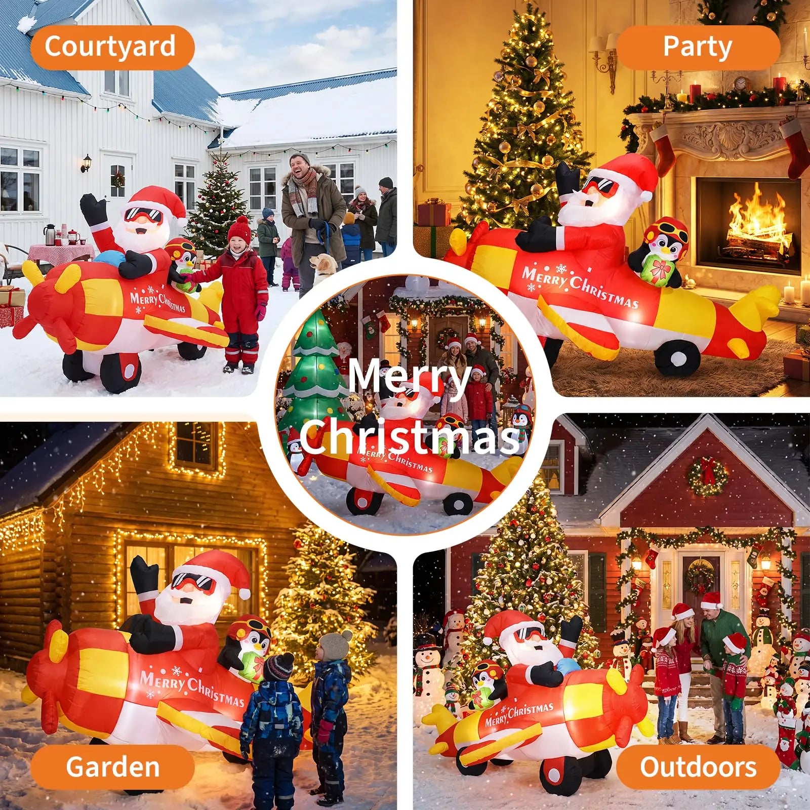 Santa and Penguin Inflatable Airplane — 8ft Outdoor Christmas Decor