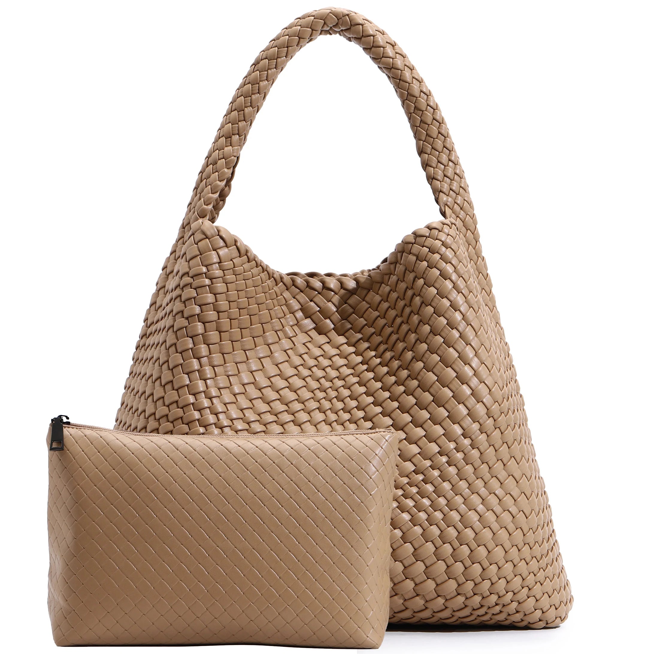 Handwoven Vegan Leather Tote Bag — Large Capacity Shoulder Bag with Clutch