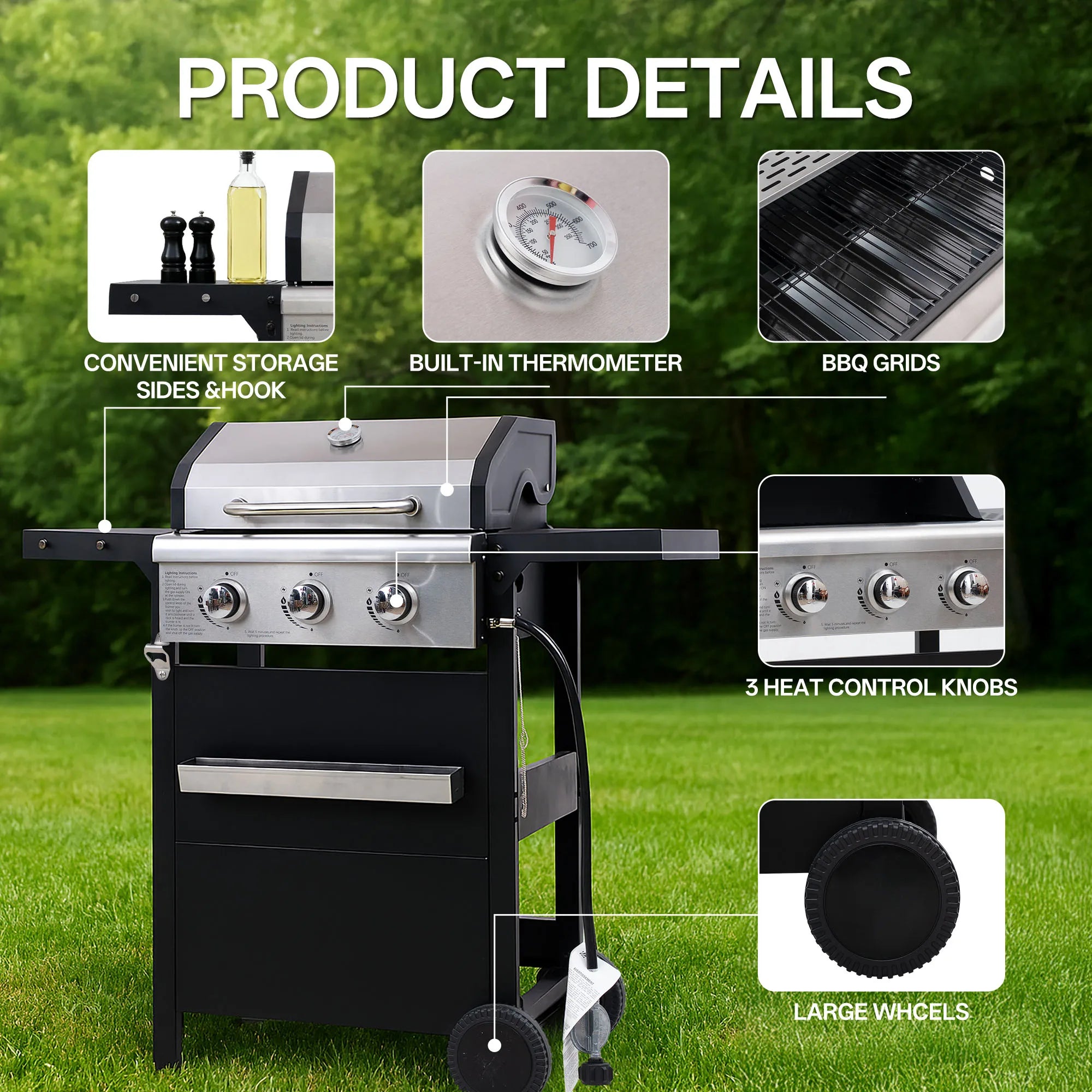 Stainless Steel 3-Burner Propane Grill — Compact Outdoor Gas Barbecue