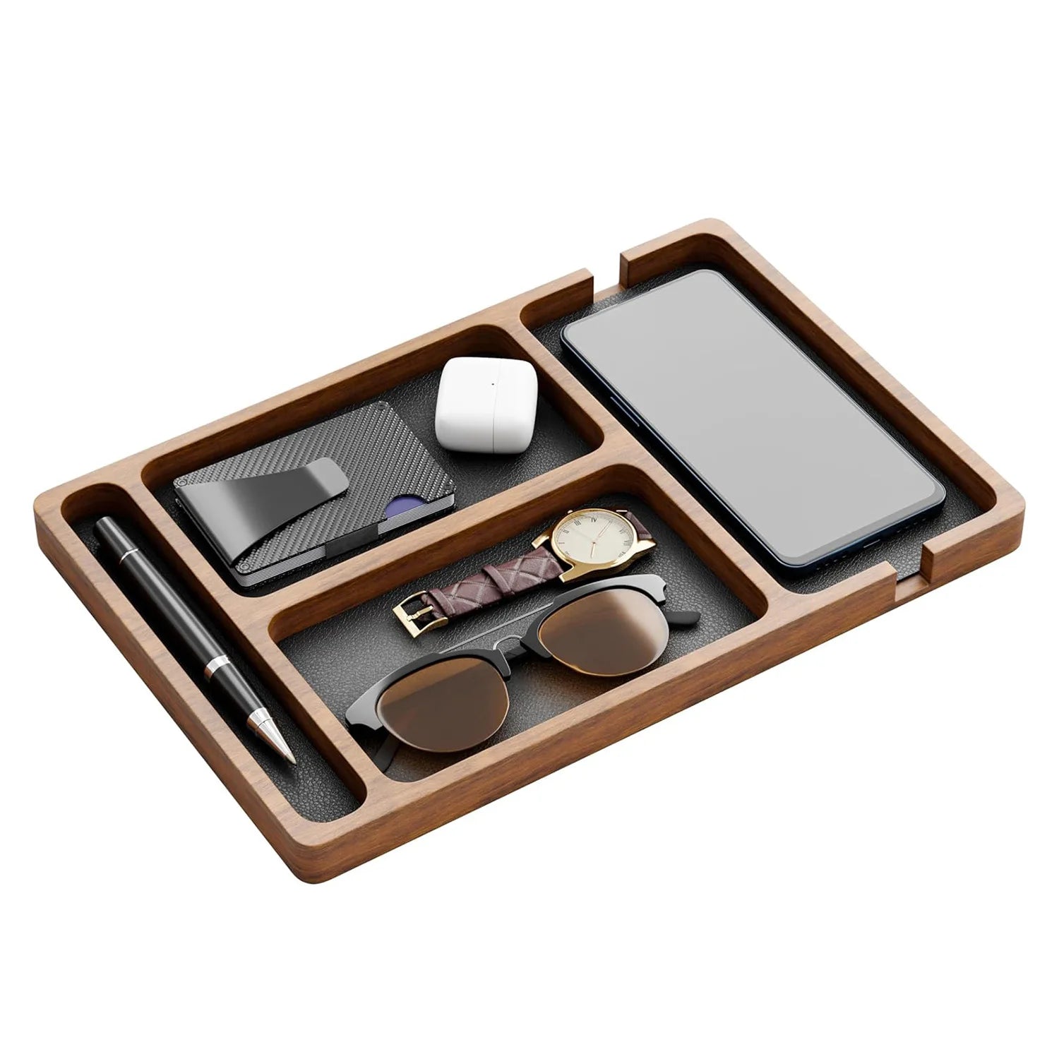 Solid Wood Desktop Storage Box — Multi-Compartment Organizer Tray