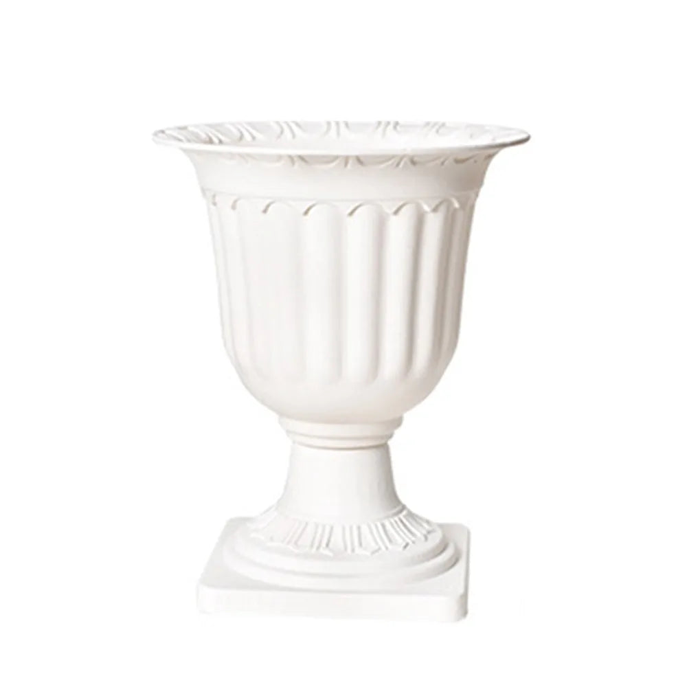 Roman Style Pedestal Flowerpots — Set of 2 White Plastic Planters